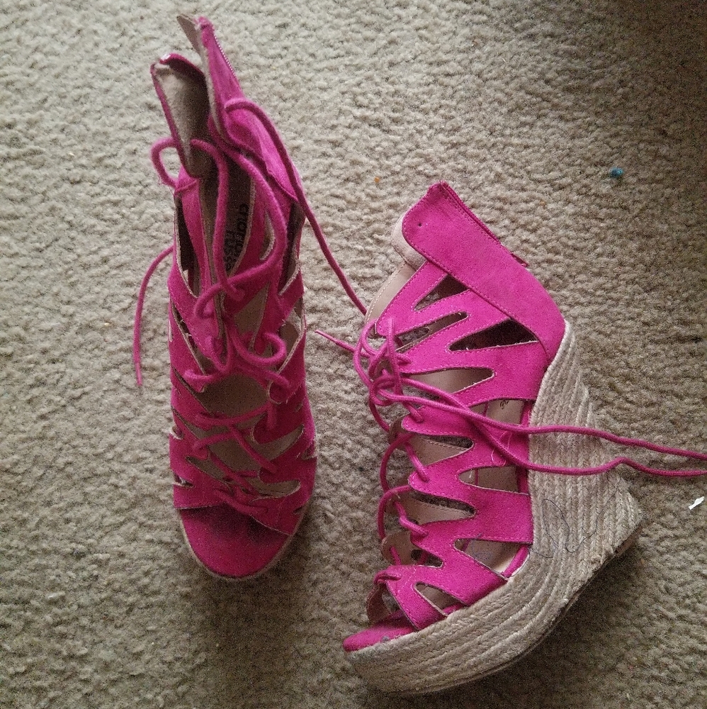 Charlotte Russe Fuchsia Tie Up Wedge Heels
